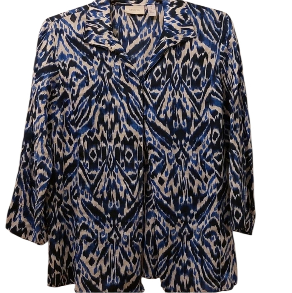 Chico's Linen Tunic Blouse Abstract Blue And White L EUC